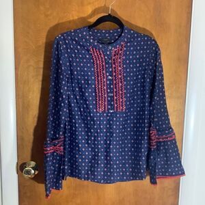 J Crew EUC silk blend blue with red embroidered detail top Size 10T